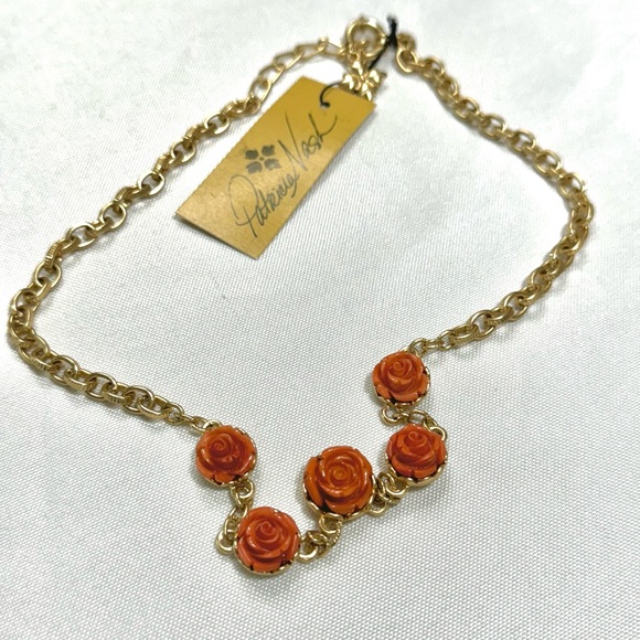 Necklace Gold-Tone Carved Rose Statement 17" + 3" extender Egyptian Gold, Pink - Picture 9 of 11